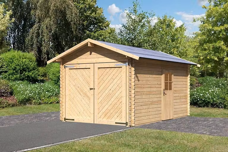 Karibu Blokbohlengarage met zadeldak en poort, houten schuur in natuurlijke staat, B/D/H: 297 x 447 x 270 cm