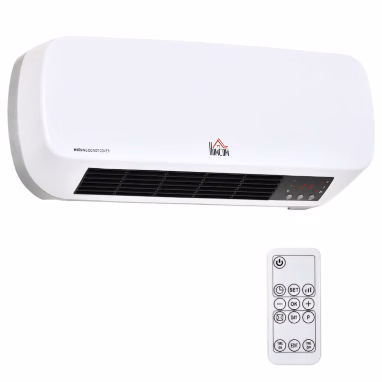 HOMCOM Wandverwarmingsventilator 2000W met Afstandsbediening, 2 Verwarmingsmodi, LED-display en 12u Timer voor de Badkamer