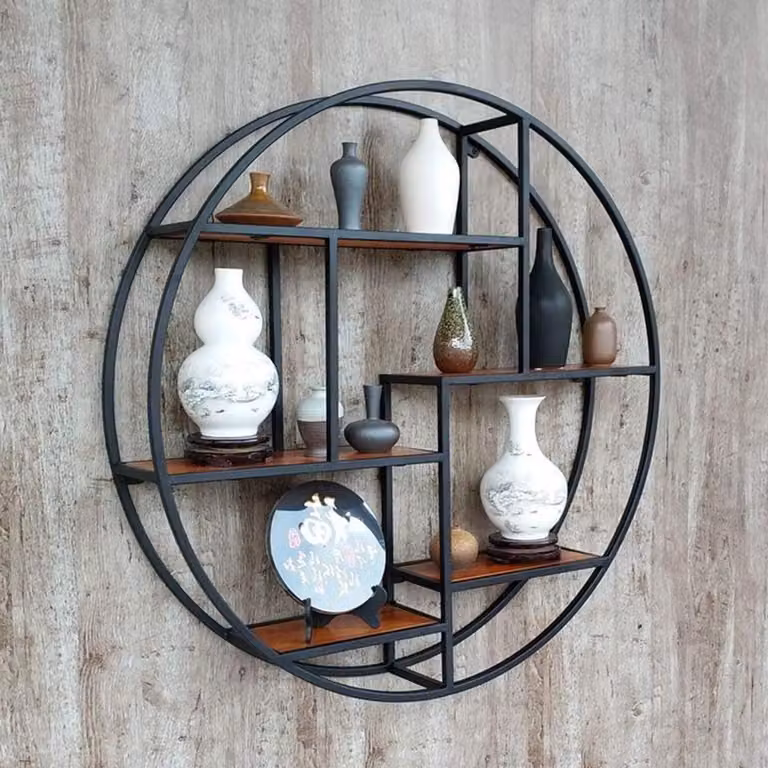 Rond Wandrek met Drijvende Planken - Industrieel Metaal en Hout - Zwart - 88 cm