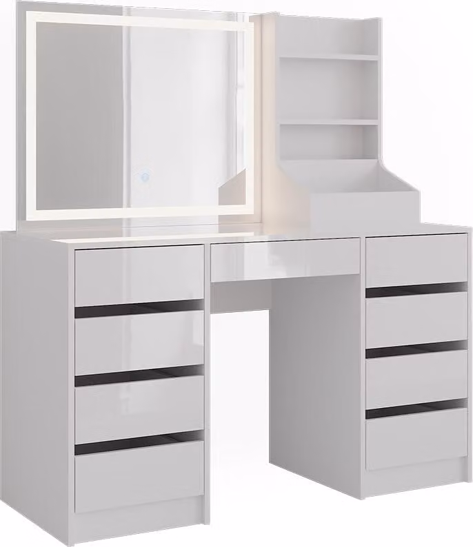 Vicco Kaptafel Sherry Wit/Wit Hoogglans met LED-spiegel, Breedte: 128.2 cm