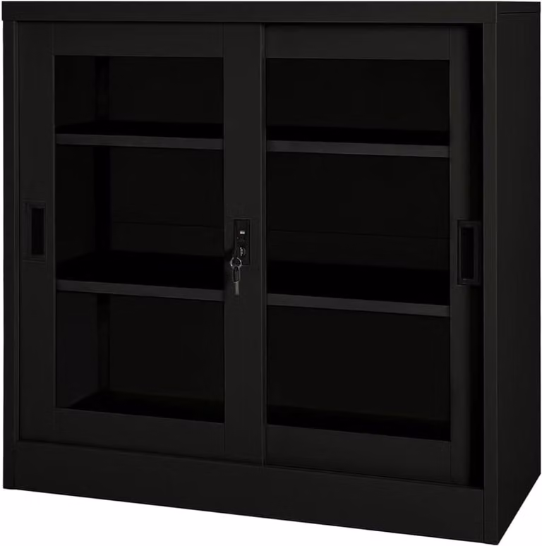 Archiefkast met schuifdeuren en gehard glazen legplanken voor kantoor of thuiskantoor