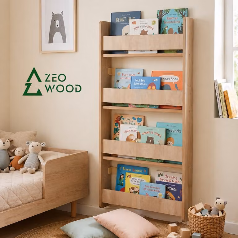 Montessori Boekenrek voor Kinderen met 4 Niveaus in Houtkleur