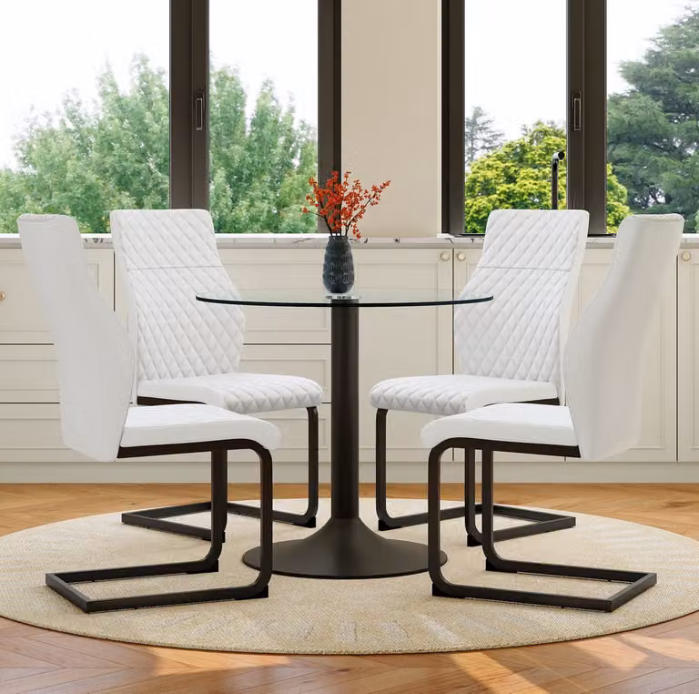 MODFU Set van Ronde Glazen Tafel en 4 Stoelen - Modern Design voor de Eetkamer of Keuken