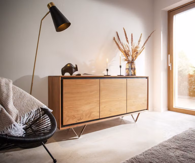 DELIFE Dressoir Stonegrace, Acacia natuur met steen fineer en V-poten, Bruin/Zilver, Breedte: 145 cm, Hoogte: 70 cm, Diepte: 40 cm