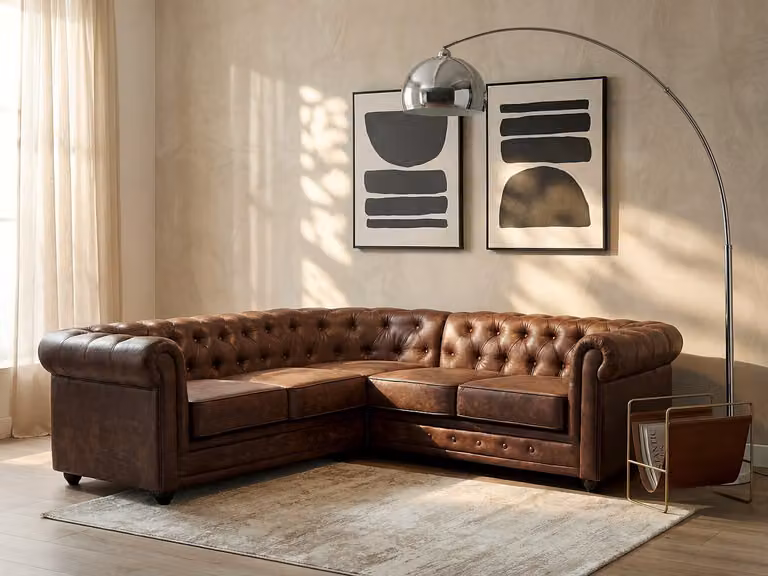Hoekbank Chesterfield van microvezel met verouderde look in bruin, Breedte: 220 cm, Diepte: 81 cm, Hoogte: 74 cm