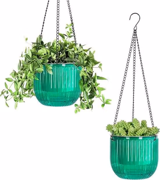 Set moderne turquoise hangende plantenbakken voor binnen en buiten, Hoogte: 16,5 cm