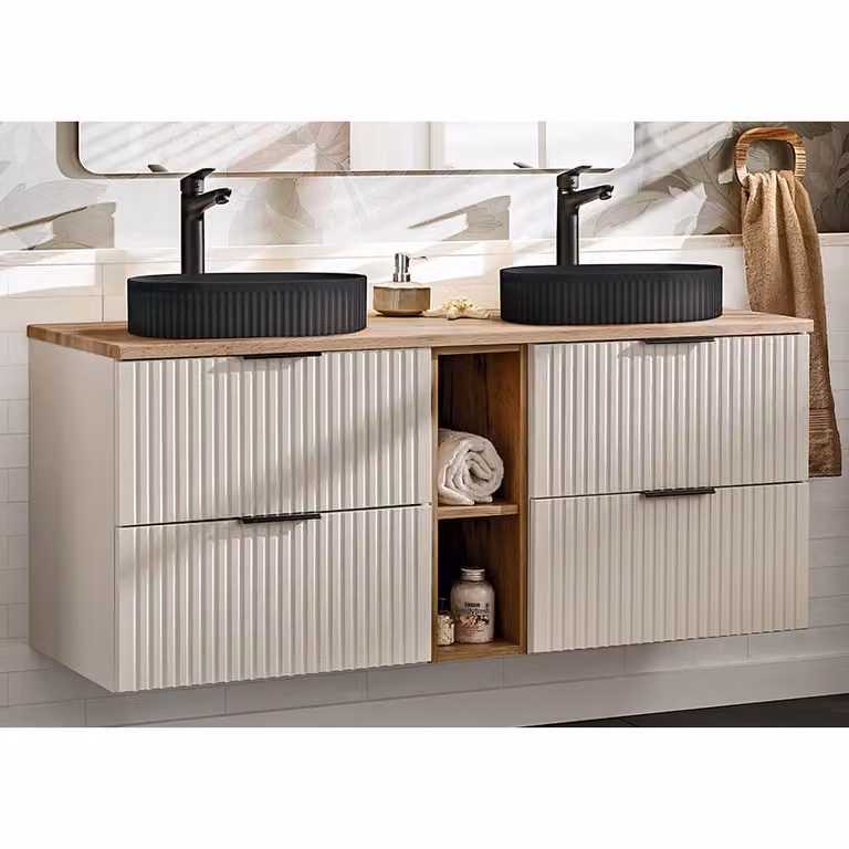 Lomadox Dubbele wastafel Adelaide 140cm in kasjmier en eik