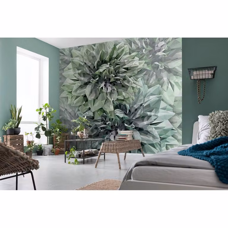 home24 Vlies-fotobehang Emerald Flowers, Botanisch en Modern, Multicolour/Groen, Breedte: 300 cm, Hoogte: 280 cm