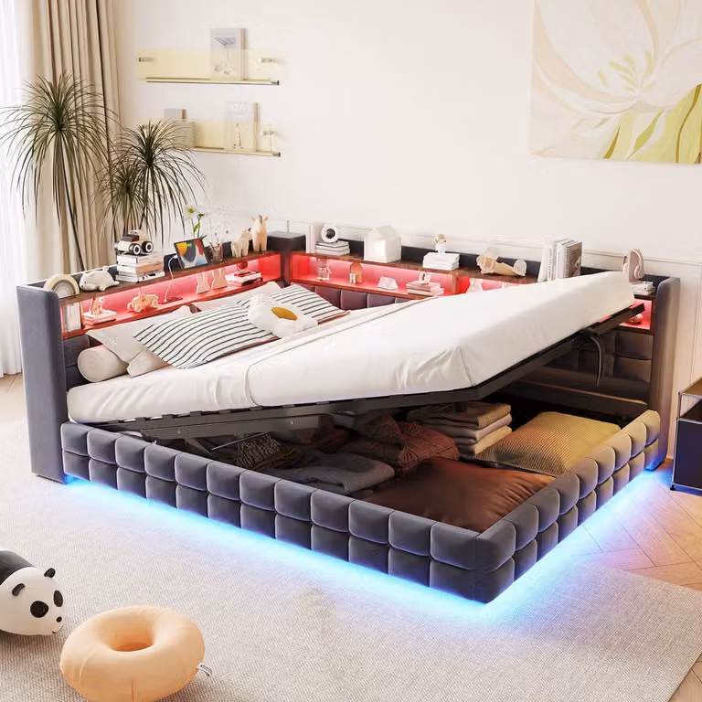 OKWISH Gestoffeerd Bed met Hydraulische Opberglade en USB/Type-C Powerstation - Grijs Fluweel - B/D: 140 x 200 cm