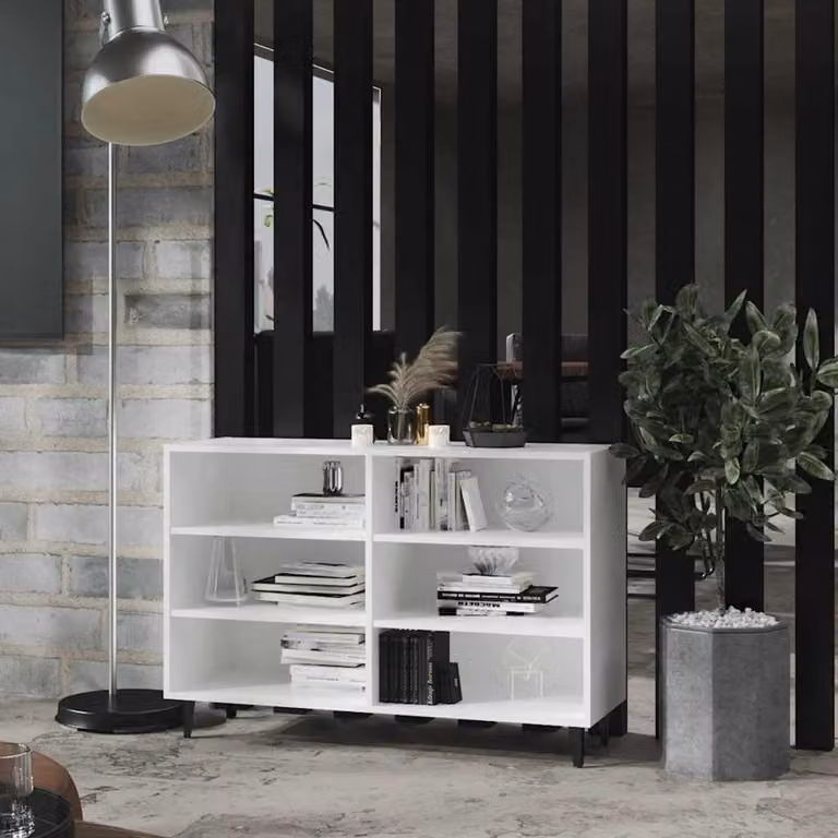 Industrieel Dressoir Wit met 6 Houten Planken - B/D/H: 103,5 x 35 x 70 cm