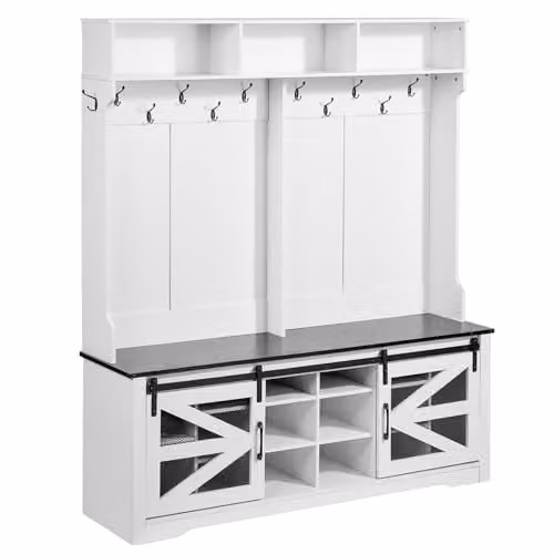 VEVOR Garderobekast met bank en schoenenrek, Moderne Halltree met 12 haken en USB-lichtstrip, Wit/Zwart, B/D/H: 172,5 x 42,0 x 90,72 cm