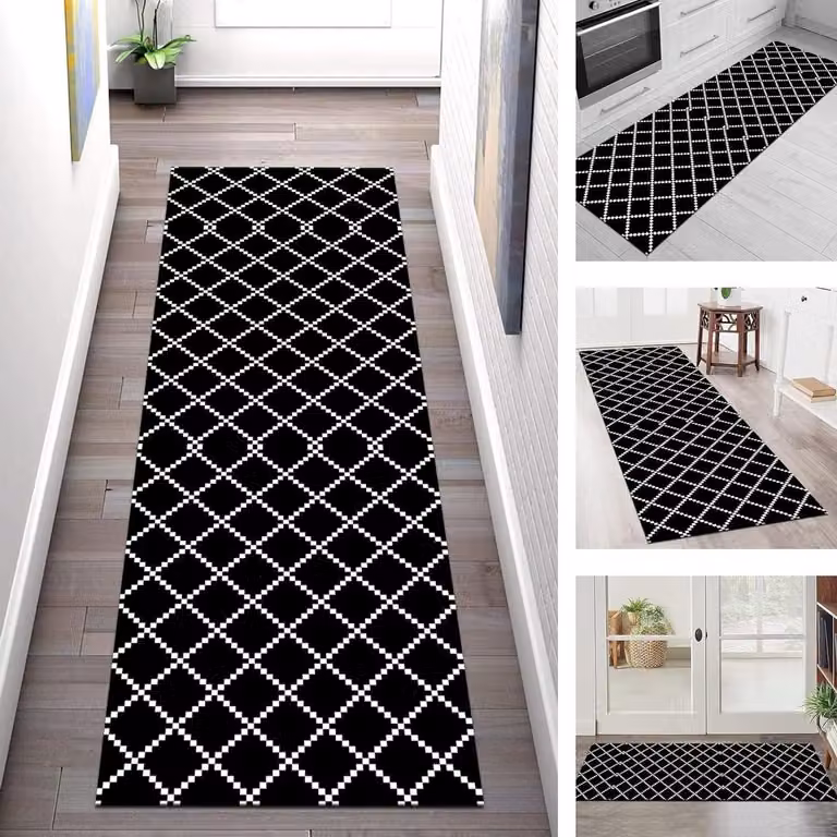 Abstracte tapijtloper voor gang of keuken in zwart wit met antisliponderkant, 70 x 200 cm