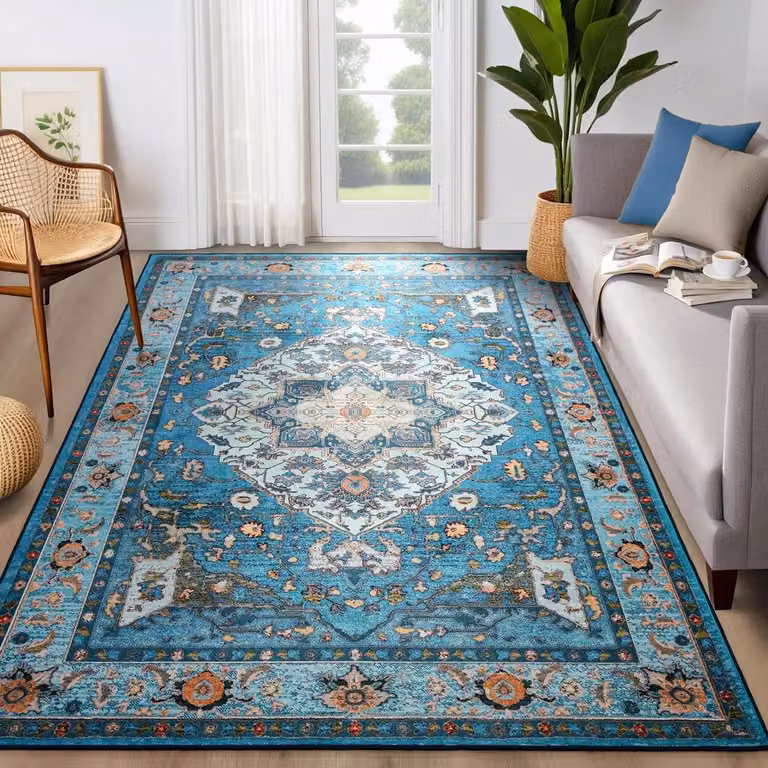 Boho Vloerkleed met Kleurrijk Bloemenpatroon - Blauw/Multi - Polyester