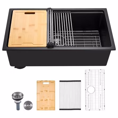 VEVOR Granieten Keukenwastafel in Landelijke Stijl met Accessoires, Zwart, B/D/H: 76,2 x 45,7 x 23 cm