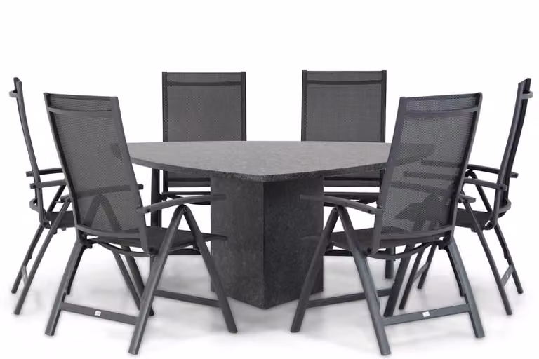 Presto Vasto/Graniet 7-delige driehoekige dining tuinset met natuursteen tafel in grijs