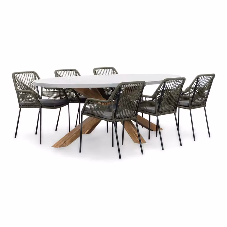 Livorno/Seville olijfgroen dining tuinset voor 6 personen met betonlook en touw, 240 cm ovaal