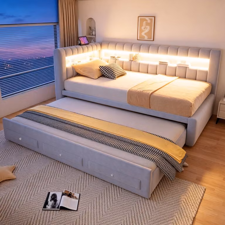 OOIILLEE Slaapbank met uitschuifbaar bed en opberglade, lichtgrijs fluweel, met LED-verlichting en USB-oplaadpoort, B/D/H: 90 x 190 cm