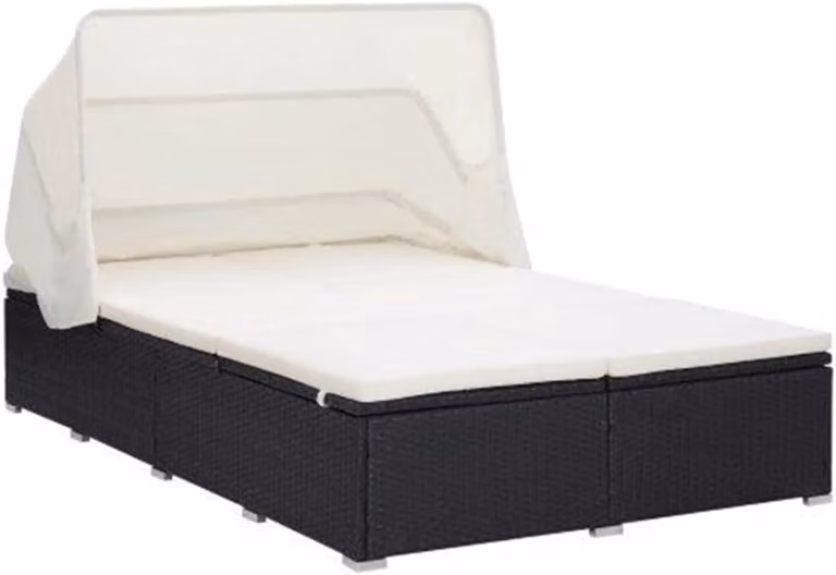 Zonneligstoel voor 2 personen met verstelbaar zonnedak en kussen, zwart polyrotan relaxbed voor tuin, balkon of terras