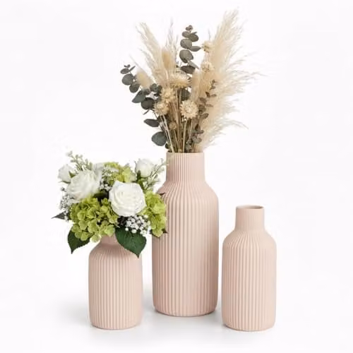 Relaxdays Set van 3 Keramische Vazen, Modern Gestreept Design, Beige