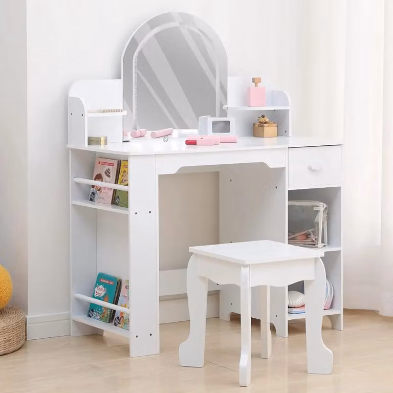 Klarven Kaptafel voor kinderen Wit - Speeltafel met spiegel, verlichting, laden en kruk