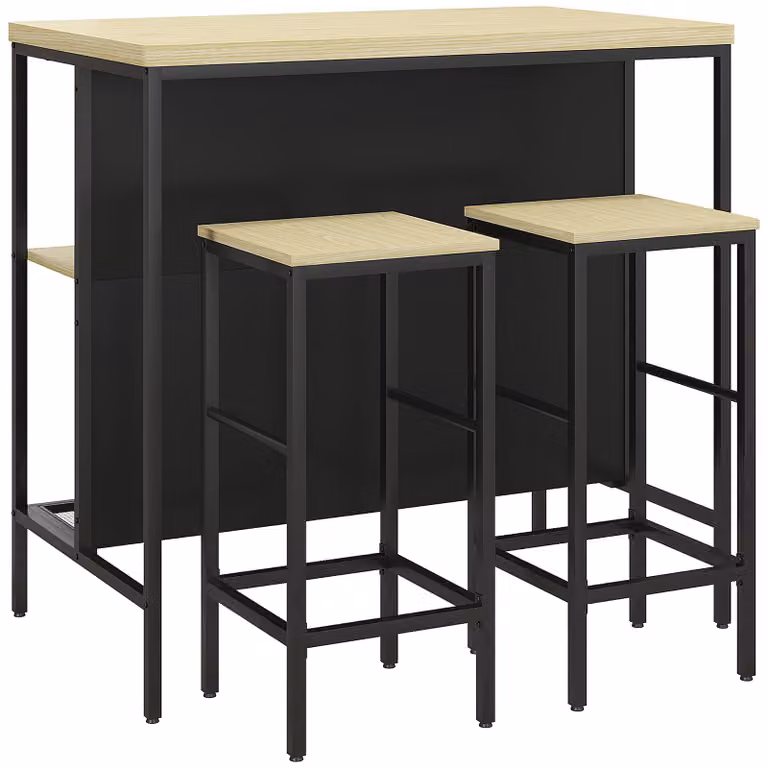 HOMCOM Barset met 1 Bartafel en 2 Barkrukken, Zwart/Eik