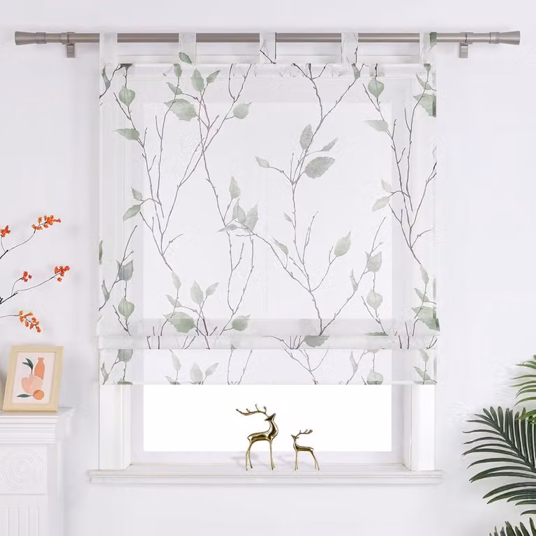 Transparant Rolgordijn met Lussen voor de Woonkamer in Landelijke Stijl met Groen Blad- en Bloemenpatroon, 100 x 140 cm