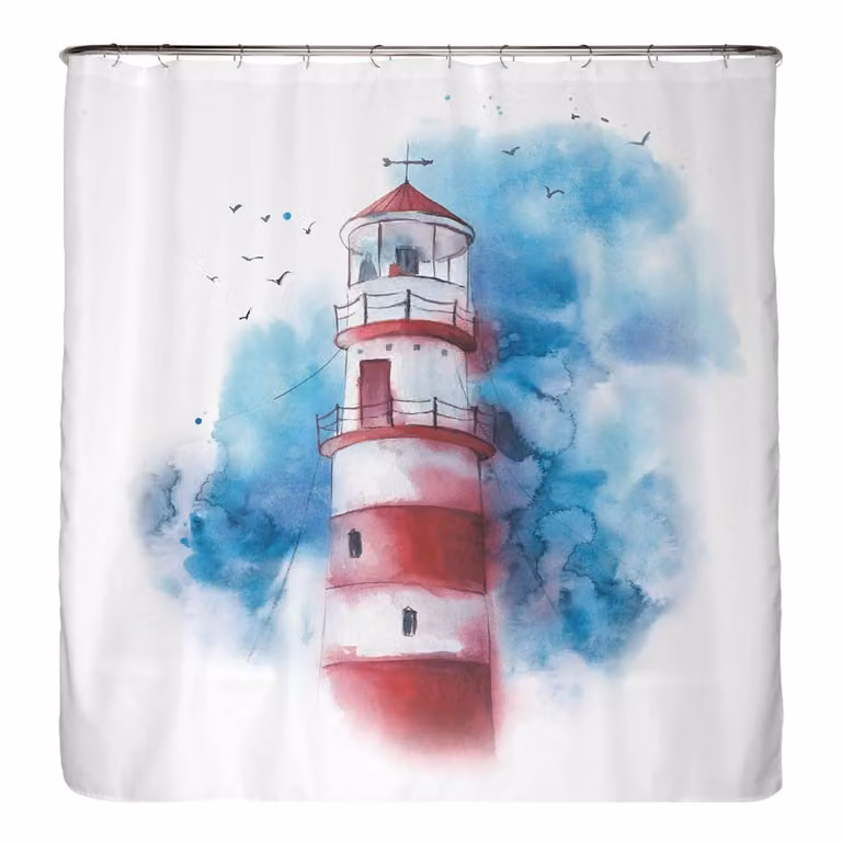 home24 Gerecycleerd douchegordijn Vuurtoren microvezel multicolore B: 150 cm, H: 200 cm