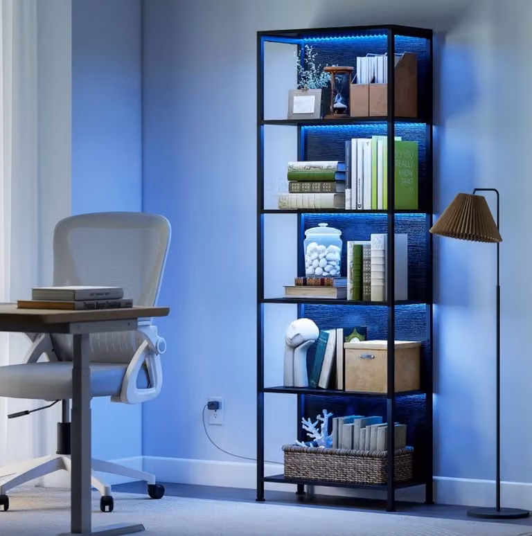 Industriële Boekenkast met 5 Lagen en LED-verlichting, Zwart, B/D/H: 60 x 30 x 179 cm