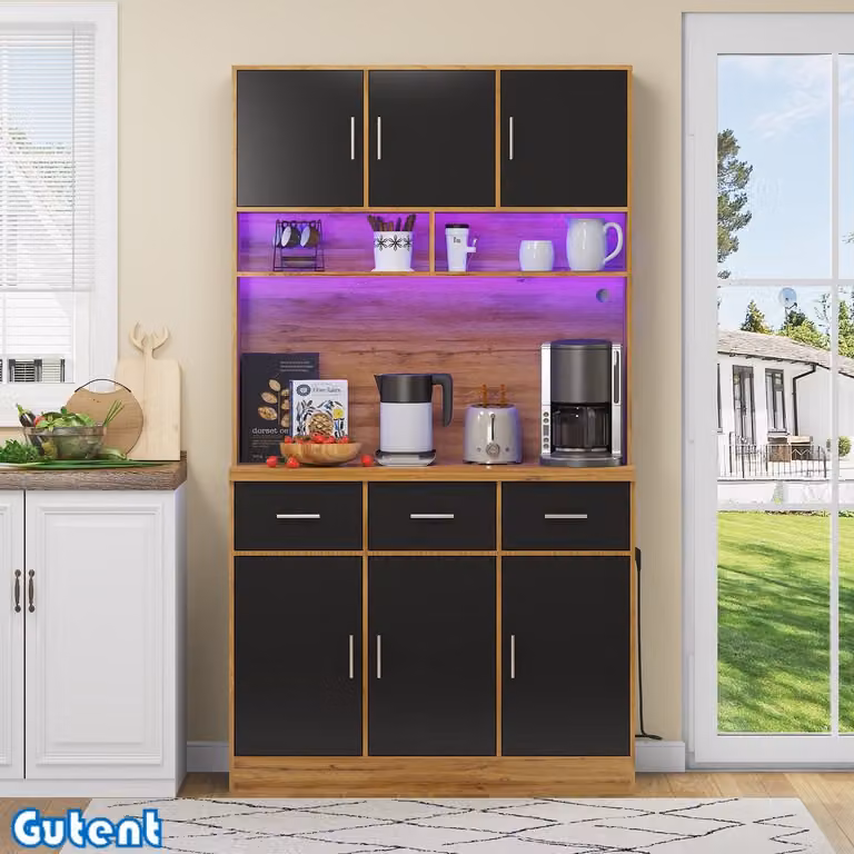 Gutent Eetkamermeubel met LED-verlichting, lades en verstelbare legplanken, Hout en Zwart, B/D/H: 100 x 40 x 180 cm