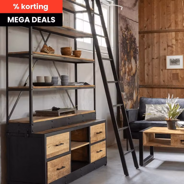 Mahom Lincoln Boekenkast van Mangohout en Metaal - Industrieel - Hoogte: 245 cm, Breedte: 160 cm