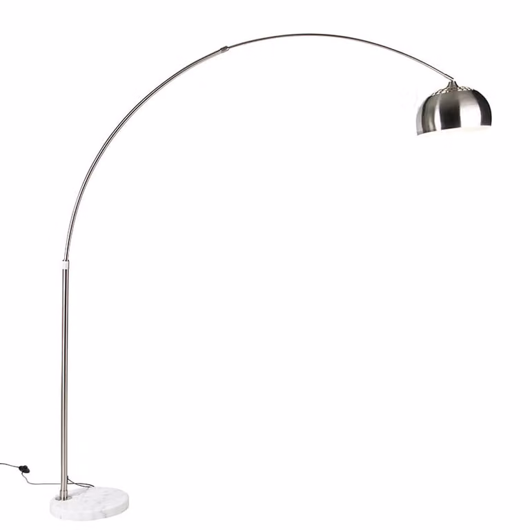 Qazqa Booglamp met witte marmeren voet en zilveren metalen kap, dimbaar en hoogte verstelbaar, Hoogte: 248 cm