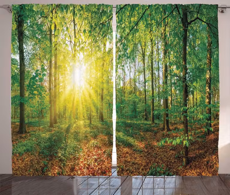 Natuurlijke rustieke gordijnen voor slaapkamer en woonkamer - Avondweide groen en bruin - B: 245 cm, H: 280 cm