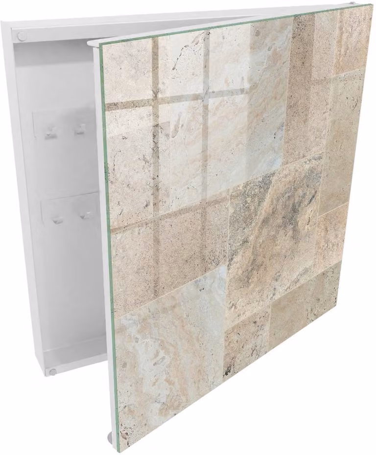 Tulup Sleutelkast met Marmeren Tegels en Glazen Deur - Beige - B/D/H: 30 x 30 x 5 cm