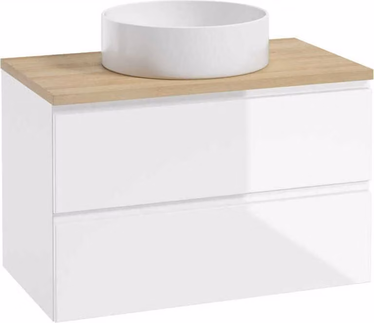 Deftrans Hangende badkamerkast set met wit wastafelblad en ronde keramische wastafel