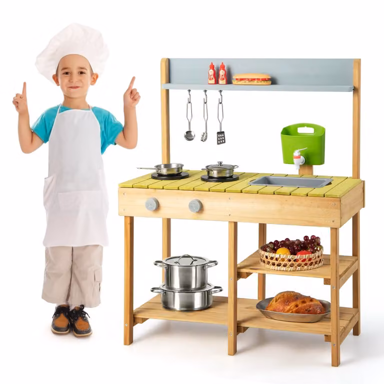 Costway Modderkeuken voor Kinderen met Waterfunctie, Haak en Afneembaar Rek voor Outdoor Gebruik