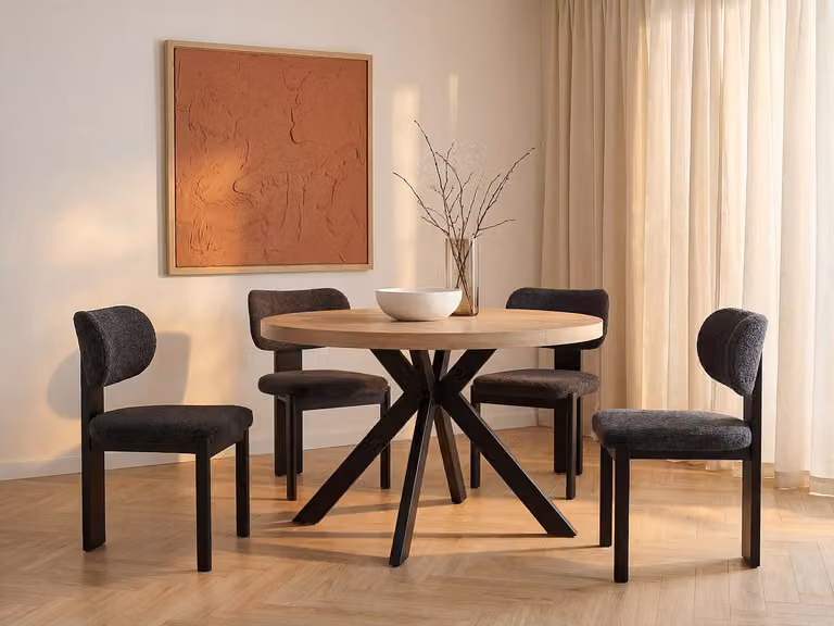KOMONI Uitschuifbare ronde eettafel voor volwassenen - Licht naturel en zwart - B/D/H: 120 x 120 x 76 cm
