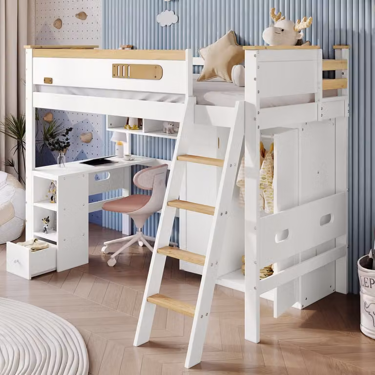 Mivray Stapelbed voor kinderen met bureau en kledingkast, Wit Natuurlijk, 90 x 200 cm
