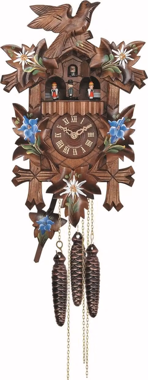 Engstler Koekoeksklok 532/10_MT met 1-daags kettinguurwerk, notenhout en muziek met dansend paar, Hoogte: 35 cm