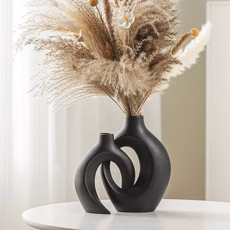 Set van 2 moderne zwarte keramische boho bloemenvazen voor Scandinavische decoratie