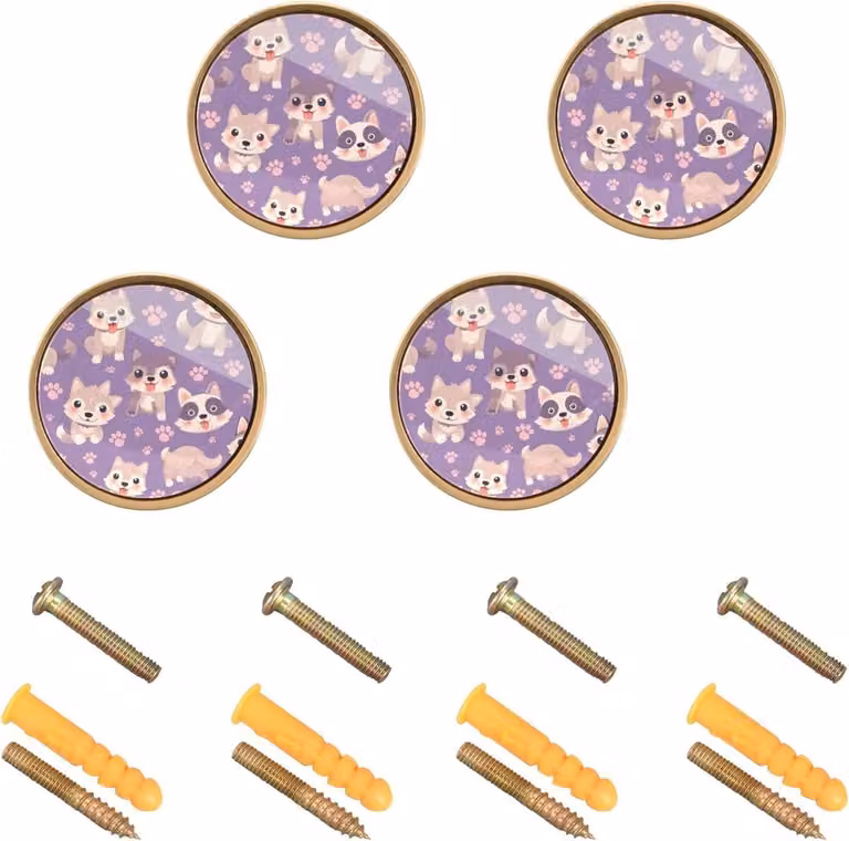 Set van 4 paarse deurknoppen met cartoon hond design voor meubels, 32mm