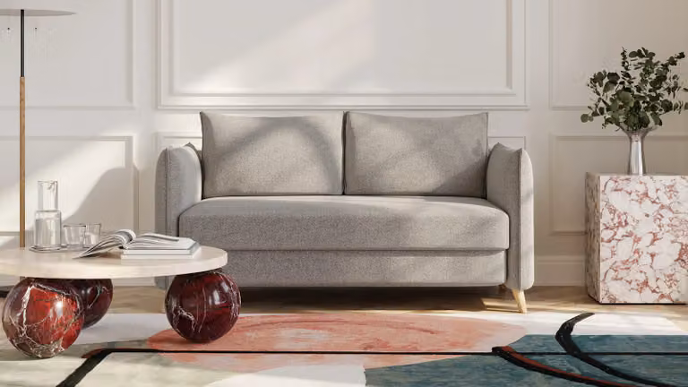 Pillow BRUNO slaapbank in taupe grijs-beige met massief houten frame en boxspringcomfort, 140 cm