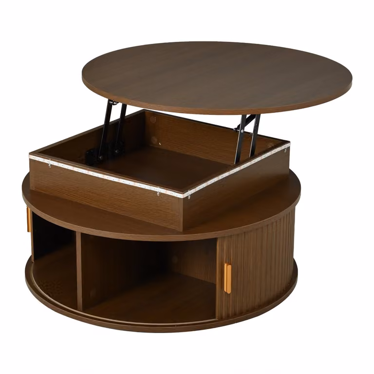 Ropilly Ronde salontafel walnoot met LED-verlichting en opbergruimte, in hoogte verstelbaar, Hoogte: 75 cm
