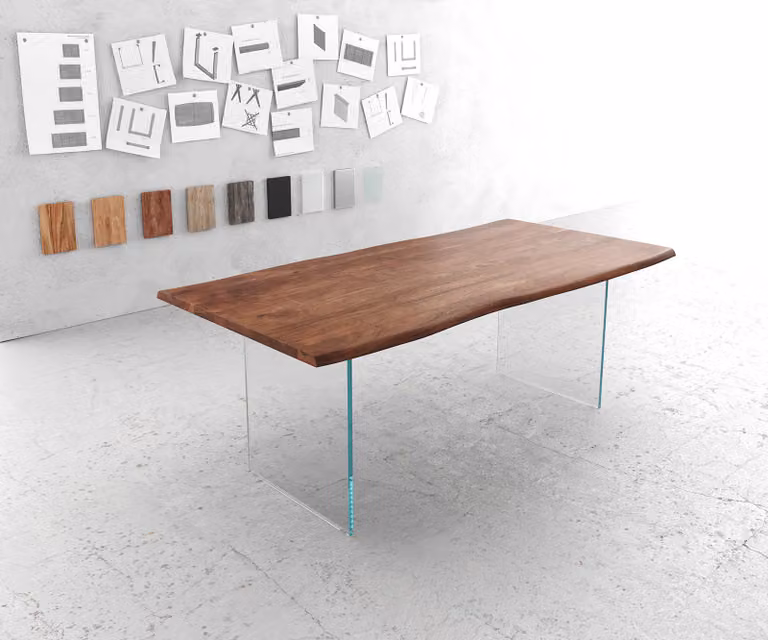 DELIFE Eettafel Edge met Acacia Hout en Glas, Bruin, B/D/H: 200 x 100 x 74,5 cm