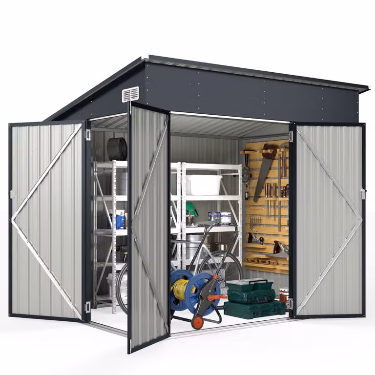 Costway Tuinhuisje met Drie Deuren en Schuin Dak, Donkergrijs, 235 x 174 cm