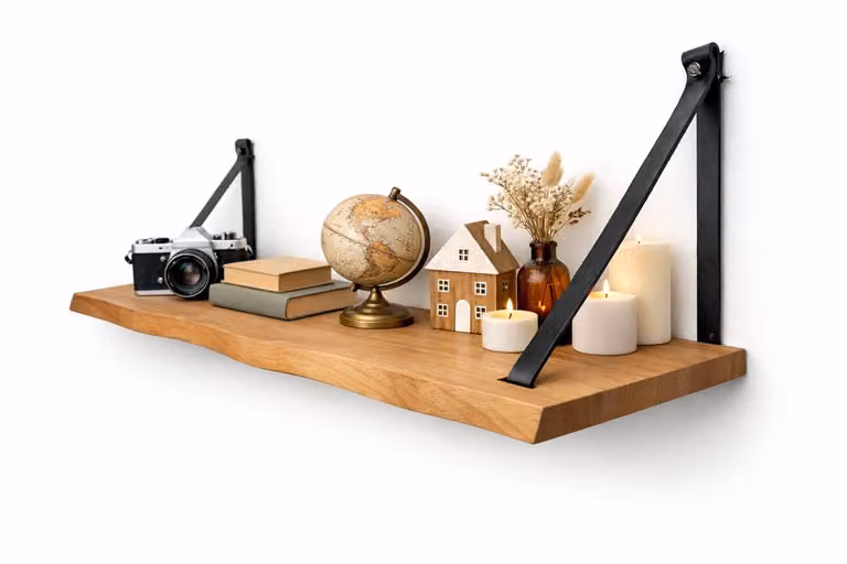 Industrial Living Wandplank van Massief Beukenhout met Lederen Lussen - B/D/H: 80 x 18 cm