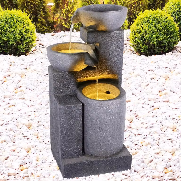 Grijs Tuinfontein met LED-licht voor binnen en buiten - H 71 x B 33 x D 38 cm