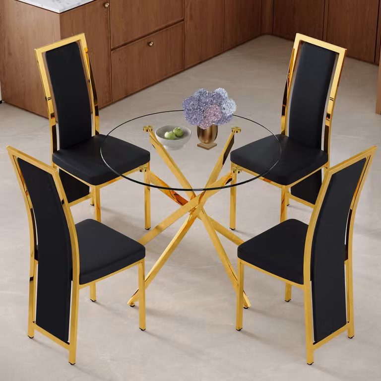 Luxe eettafelset met gehard glazen tafel van 88 cm en 4 zwarte PU eetkamerstoelen met gouden accenten