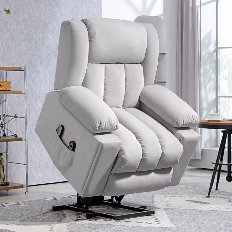 HOMCOM Massagestoel Elektrische relaxstoel met opsta-hulp, 8 massagemotoren, lendenverwarming en USB, lichtgrijs, B/D/H: 101 x 93 x 104 cm