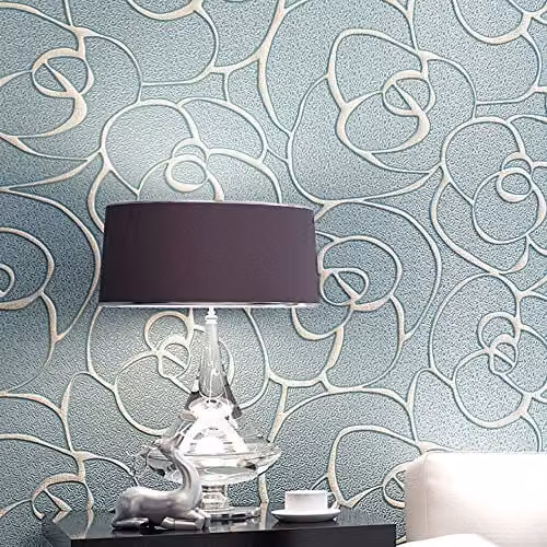 KeTian Modern 3D Roos Bloem Vliesbehang Lichtblauw, Breedte: 0,53 m, Lengte: 10 m