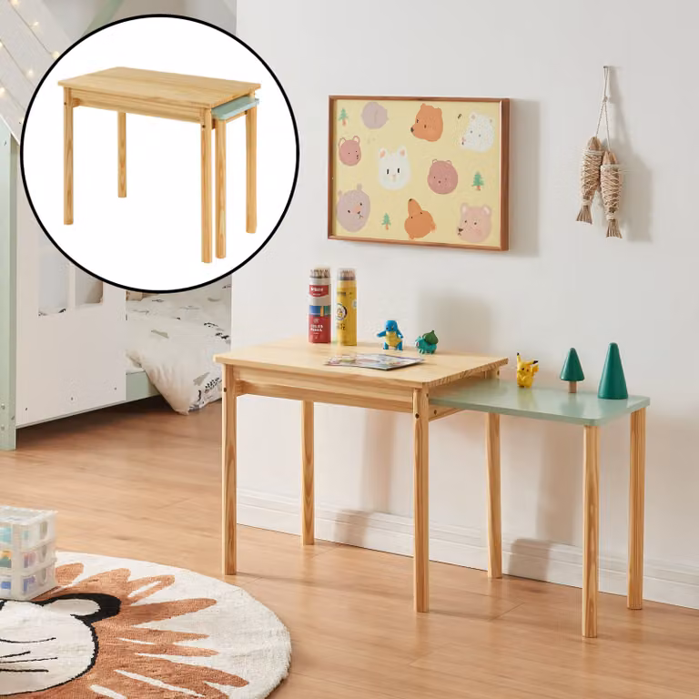 en.casa Uittrekbaar kinderbureau Skellefteå, grenenhout en MDF, naturel/mintgroen, B: 60 cm, D: 38 cm, H: 52 cm
